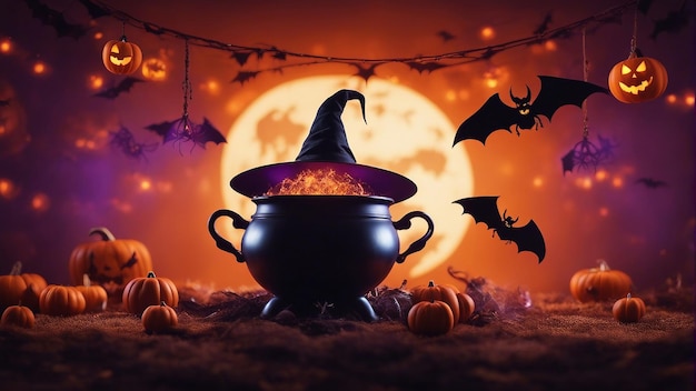 Halloween party background with clouds bats and pumpkins spiders and witch cauldron generated by AI