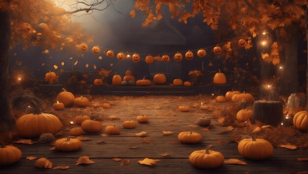 Halloween party background with pumpkins forest and autumn leaves