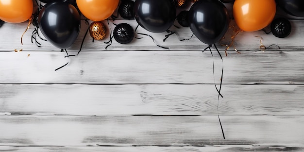 Photo halloween party banner with pumkins bats wings and candles black balloons on the white plank wood