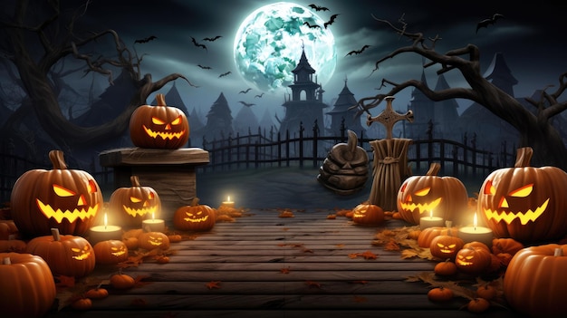 Карточные тыквы и скелет на Хэллоуин на кладбище ночью с деревянной доской