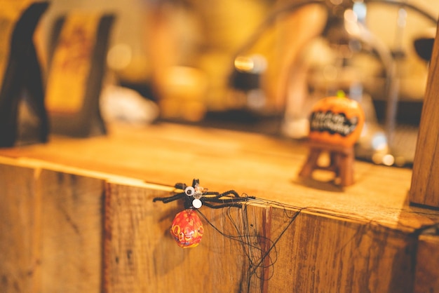 Halloween party concept decorate in cafe decoration with human skull and pumpkin in holiday