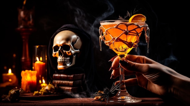 Halloween party concept Skeleton hand met een glas Halloween cocktail met koud schuim
