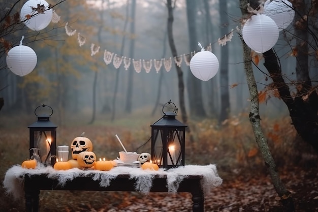 Фонари и гирлянды для Хэллоуина на столе Генеративный AI