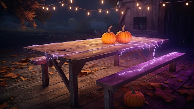 Halloween Party Lanterns and Garlands on a table in a Foggy Forestskeletons and pumpkinsGenerative AI