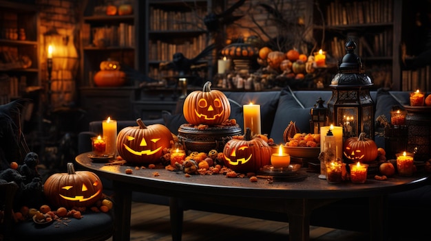 Halloween party in living room and pumpkins jack olantern