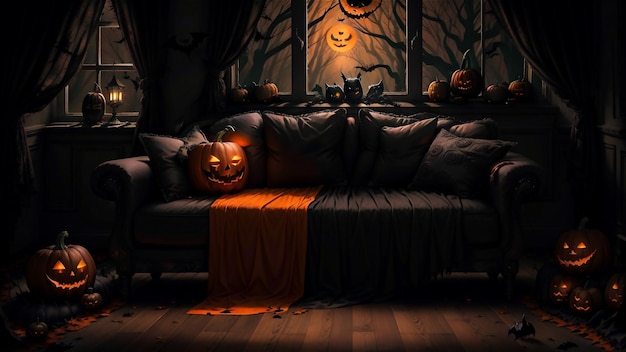Вечеринка в честь Хэллоуина в гостиной и тыквенный фонарь из тыквы
