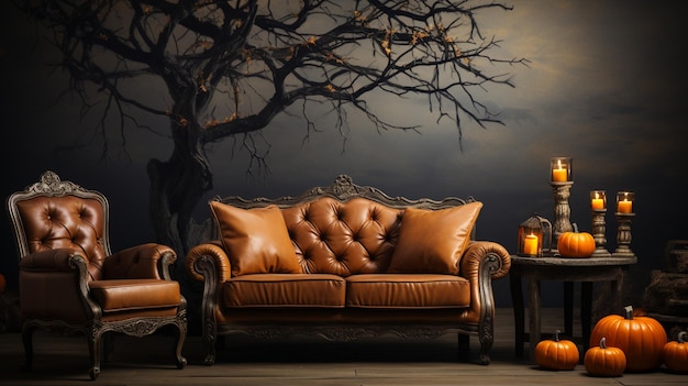 Halloween party at night in living room decorations with lanterns and pumpkins jackolantern