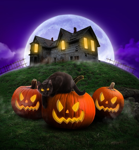 Manifesto della festa di halloween buon halloween di notte zucche spaventose e gatto nero
