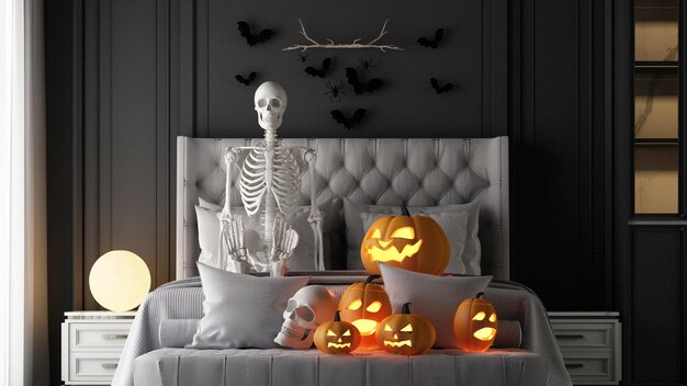 Halloween Party Poster In A Modern Classic Haunted House Bedroom With Jacko'lantern Pumpkins Full Moon Lamps Witches' Cauldrons Spider Webs And Skulls On The Floor 3d Rendering Illustation