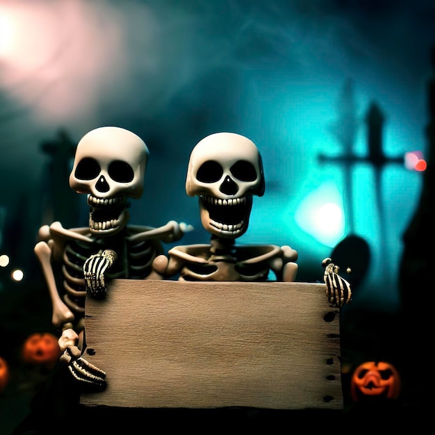 Halloween Party Skeletons met Houten Banner in Spooky Nights