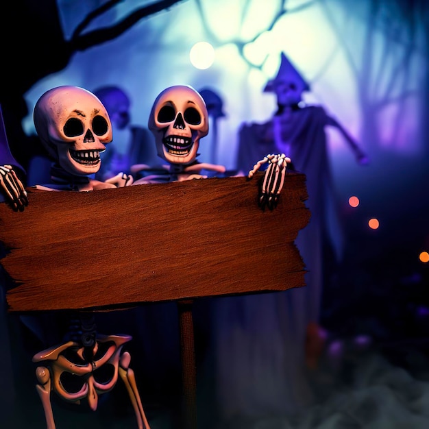 Halloween Party Skeletons met Houten Banner in Spooky Nights