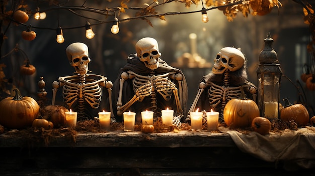 Halloween Party Skeletons With Wooden Banner In Spooky Nights