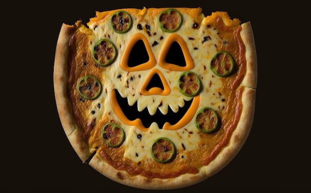 Halloween party trick or treat food, funny scary pizza in the style of Halloween characters.