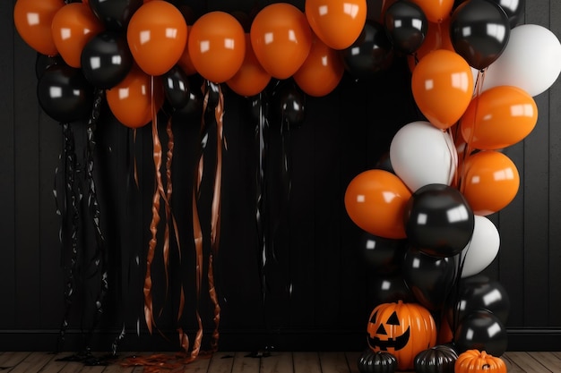 вечеринка в честь Хэллоуина с оранжевыми и черными воздушными шарами.