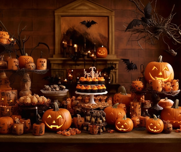 A halloween party with pumpkin decor