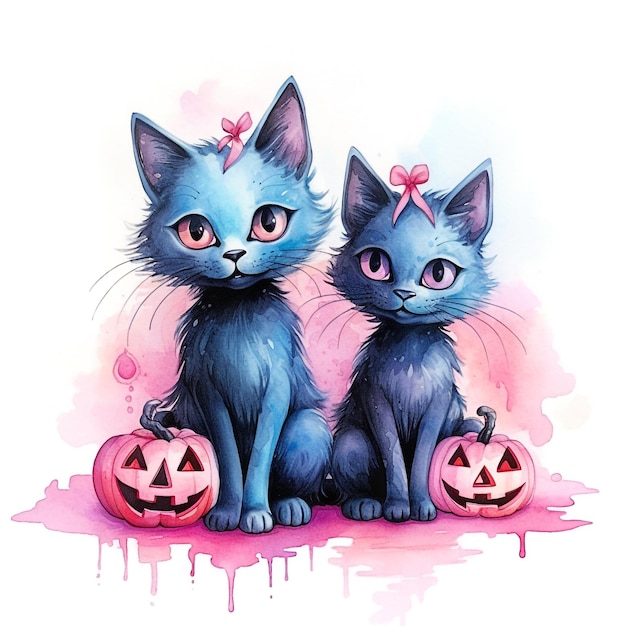 Halloween pastel watercolor black cat