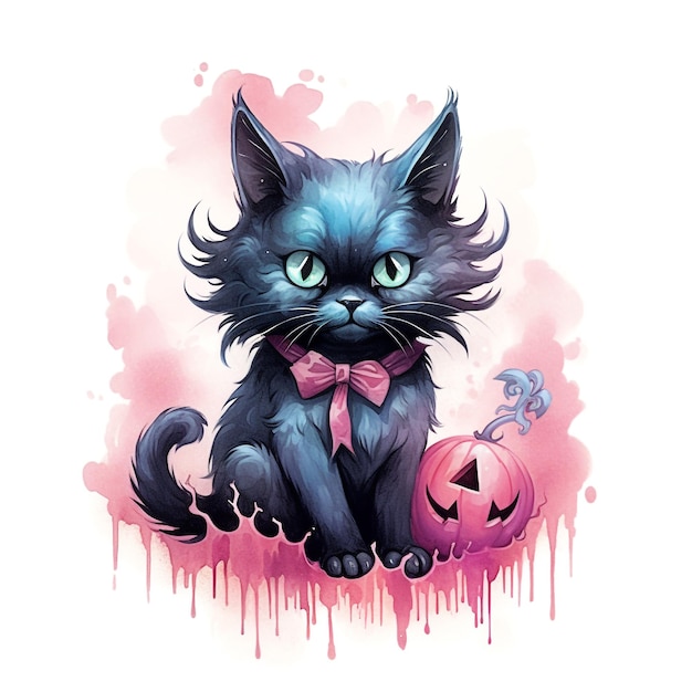 Halloween pastel watercolor black cat