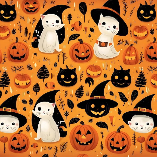 Halloween-patroonpompoen als achtergrond met een kat erop en een pompoen op de bovenkant