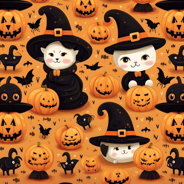 halloween pattern background pumpkin with a cat on it and a pumpkin on the top