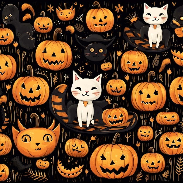 Хэллоуин узор фон тыква с кошкой на ней и тыквой сверху