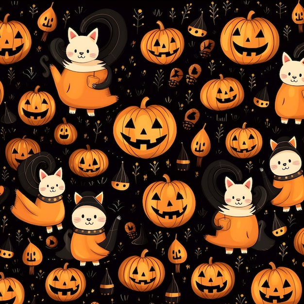 halloween pattern background pumpkin with a cat on it and a pumpkin on the top