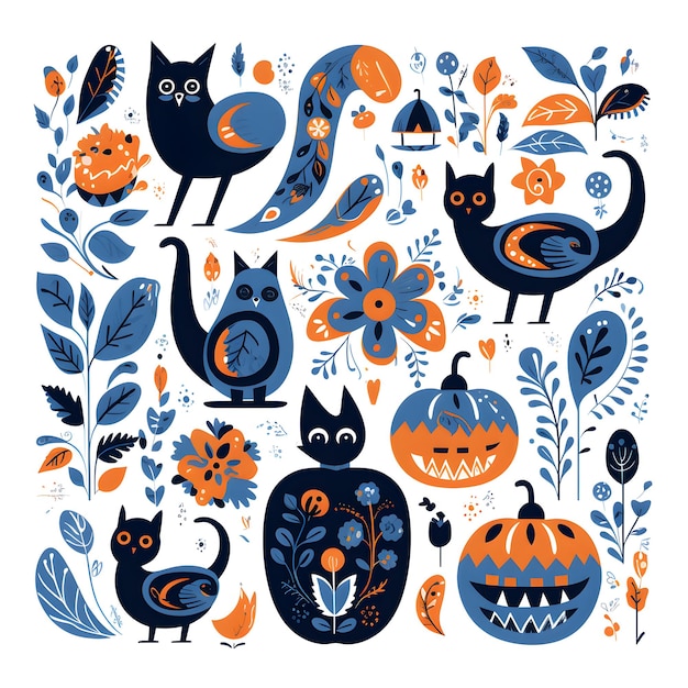 Photo halloween pattern embroidery pumpkin cats on white background