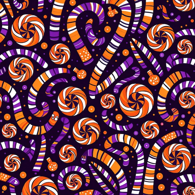 halloween pattern featuring candy canes in the style of purple and orange