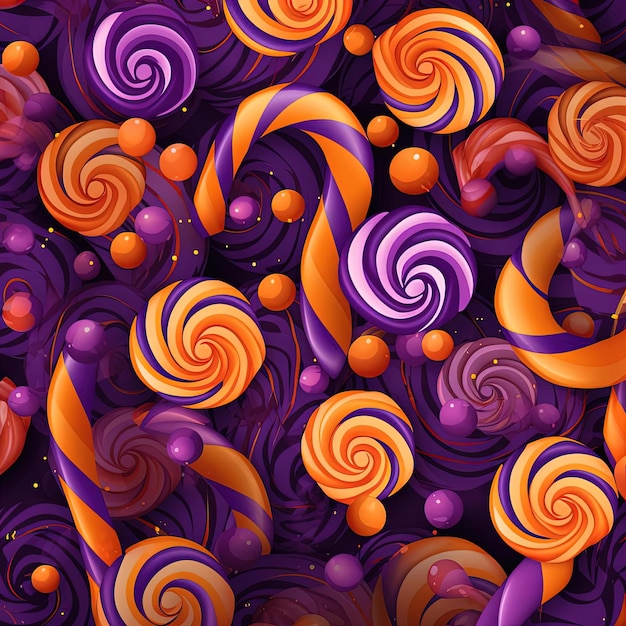 Halloween pattern featuring candy canes in the style of purple and orange