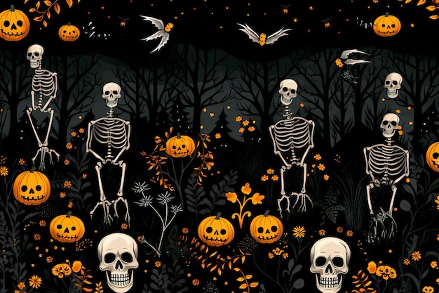 Halloween pattern Jack Pumpkins and Skeletons Background wallpaper AI generation