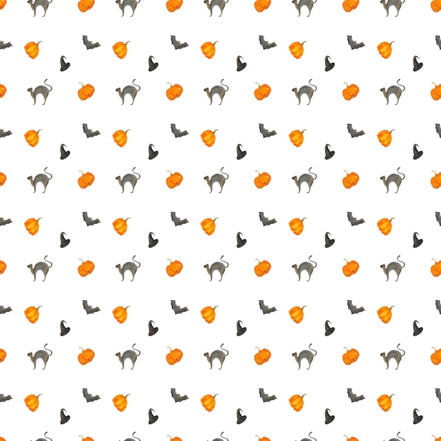 할로윈 패턴 호박 검은 고양이 박쥐 손으로 그린 수채화 원활한 인쇄