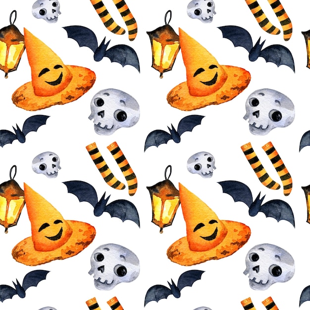 Halloween pattern seamless watercolour pattern with bat funny hat skull hand drawn sketch