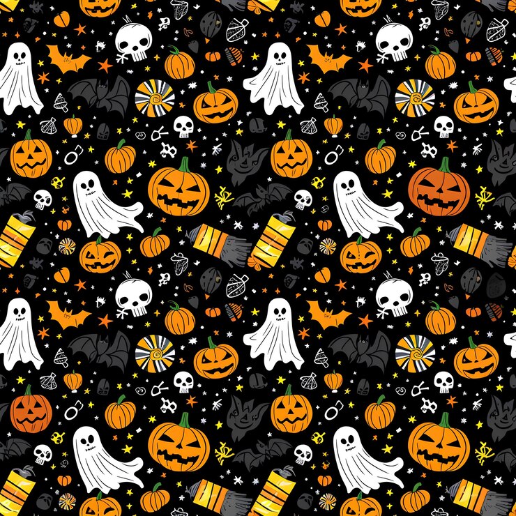 Photo halloween pattern with endless background with pumpkins skulls bats spiders ghosts bones candi