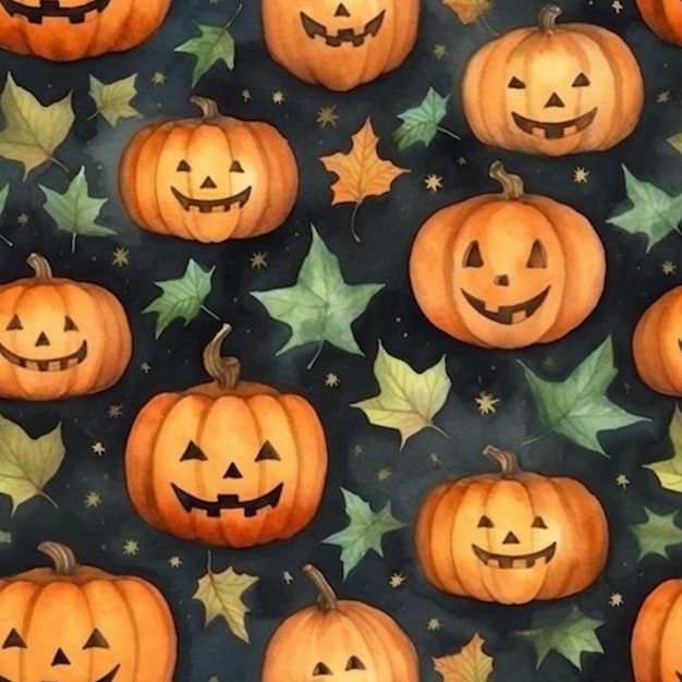 A halloween pattern with pumpkins and leaves on a black background.