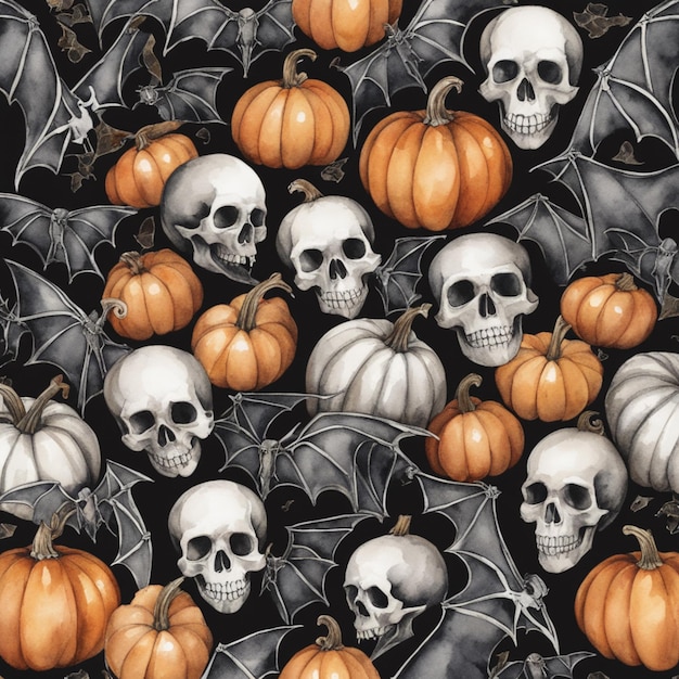 Хэллоуинский рисунок с черепами тыкв и летучими мышами на черном фоне
