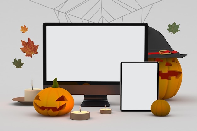 Halloween pc en tablet voorzijde op grijze achtergrond