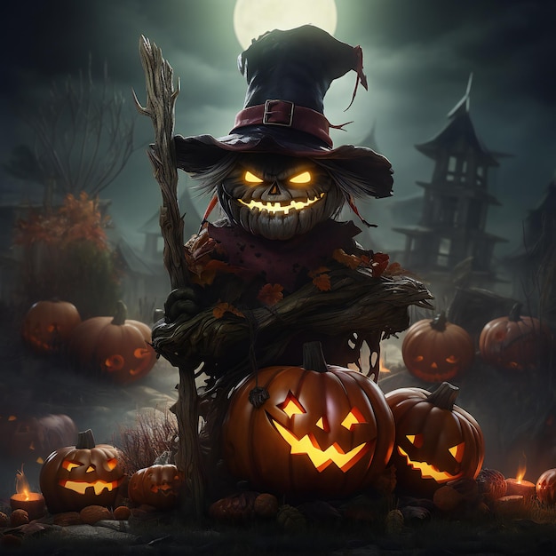 Halloween personage met pompoenen en bezems in Smokey Twilight