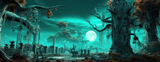 Foto foto di halloween di strumenti distrutti e foresta in una foresta incantata illuminata dalla luna utilizzando animazioni colorate