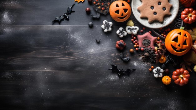 Halloween platte compositie met pompoenen spinnen vleermuizen op houten achtergrond Gelukkige halloween banner mockup