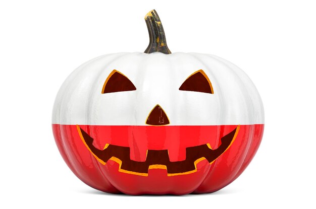 Halloween in Poland concept Evil carved pumpkin with Polish flag 3D rendering isolated on white background