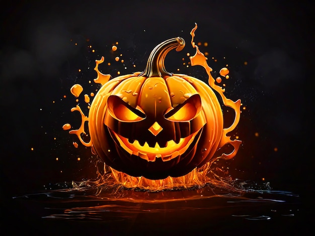 halloween pompoen clipart die glimlacht in vlammen met splash achtergrond