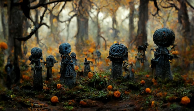 Halloween-pompoen en spookpop die op het kerkhof lopen.