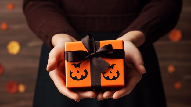 Halloween pompoen geschenkdoos in handen van de vrouw op houten achtergrond met bokeh