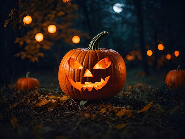 Halloween-pompoen gloeiende Jack O'Lantern 's nachts in het bos Deze foto is gemaakt met Leonardo AI