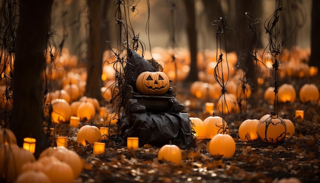 Halloween pompoen hoofd jack lantaarn met brandende kaarsen in het bos