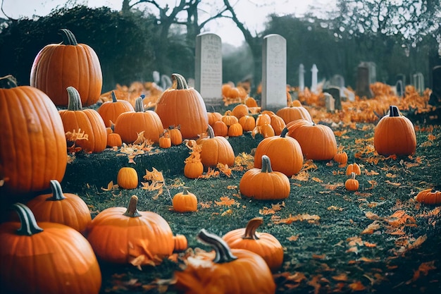 Halloween pompoen hoofd jack lantaarn met brandende kaarsen. Pompoenen op het kerkhof in de spookachtige nacht