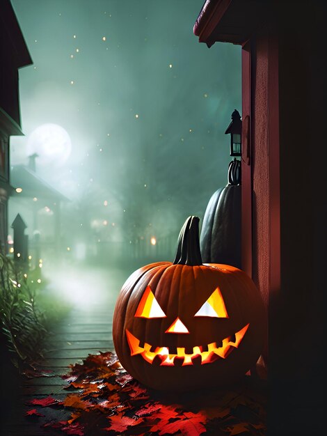 Foto halloween pompoen hoofd jack lantaarn met kaarsen 's nachts generative ai