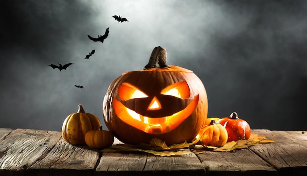Halloween pompoen hoofd jack lantaarn op spookachtige achtergrond