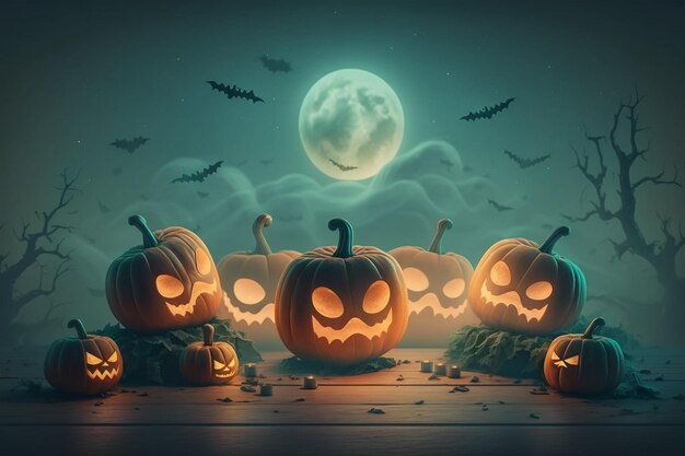 Halloween pompoen hoofden jack o lantaarn met gloeiend gezicht met nacht landschap maanlicht