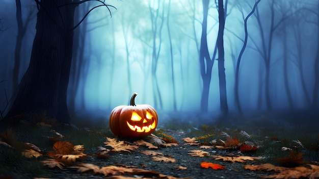 Halloween Pompoen in een mystiek bos's nachts