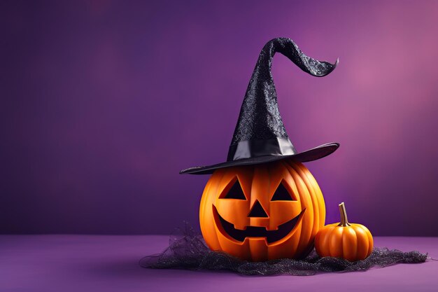 Halloween-pompoen in heksenhoed op violette achtergrond